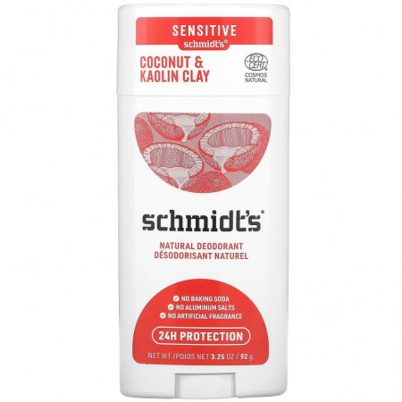 Schmidt's, 천연 데오드란트, 코코넛 및 카올린 클레이, 92g(3.25oz)