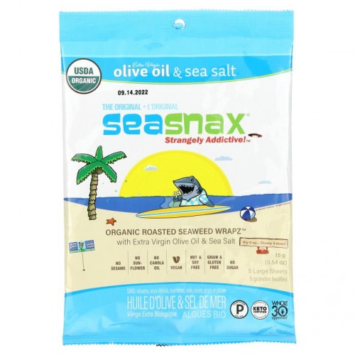 SeaSnax, 유기농 구운 김 스낵, 오리지널, 큰 사이즈 5장, 15g(0.54oz)
