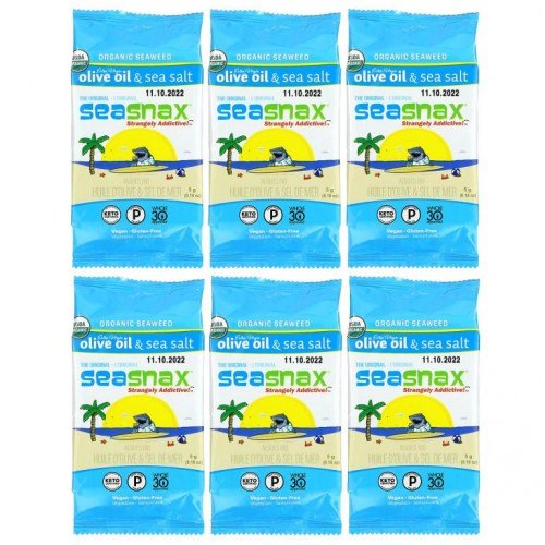 SeaSnax, 유기농 해초, 오리지널, 엑스트라 버진 올리브 오일 & 천일염, 6팩, 각 5g(0.18oz)