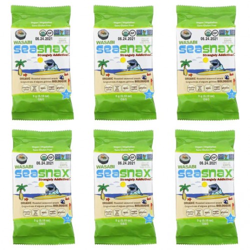 SeaSnax, Grab & Go, 프리미엄 로스팅 해초 스낵, 와사비 향, 6봉, 각 5g(0.18oz)