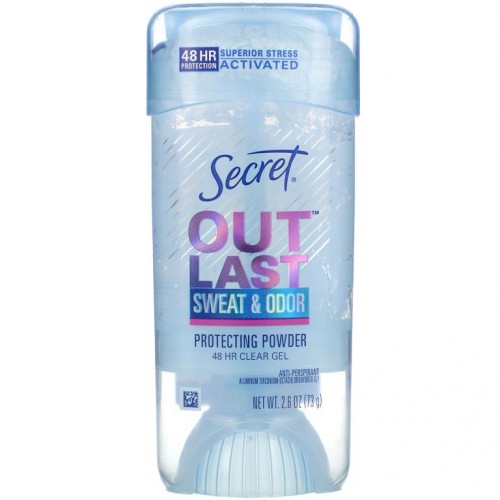 Secret, Outlast, 48시간 클리어 젤 데오드란트, Protecting Powder, 2.6 oz (73 g)