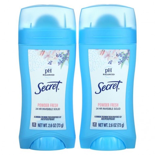 Secret, pH 균형 땀 억제제/데오드란트, 투명한 고체형, 파우더 프레시 향, 트윈 팩, 개당 73g(2.6oz)