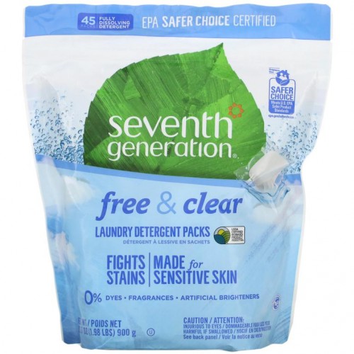 Seventh Generation, 세탁 세제 팩, 프리 & 클리어, 45팩, 31.7oz(1.98lbs)