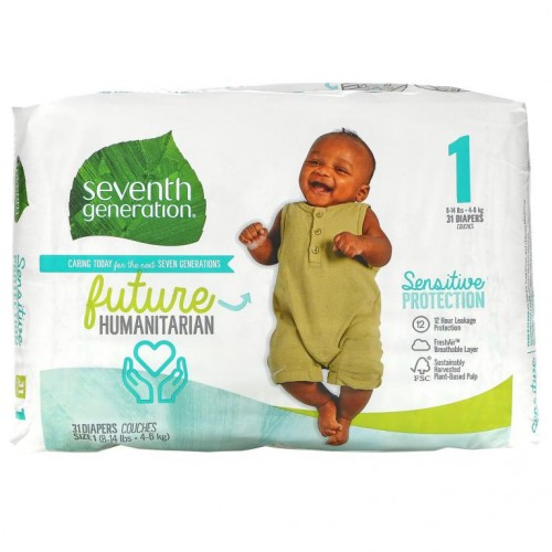 Seventh Generation, 민감성 피부 보호 기저귀, 사이즈 1, 8~14lbs, 기저귀 31개입