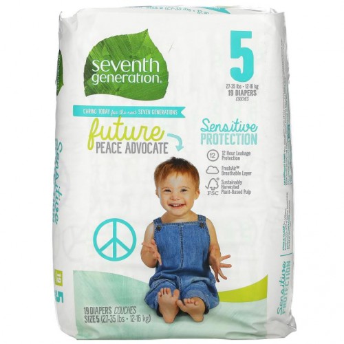 Seventh Generation, 민감성 피부 보호 기저귀, 사이즈 5, 27~35lbs, 기저귀 19개입