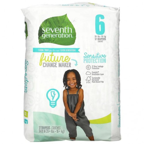 Seventh Generation, 민감성 피부 보호 기저귀, 사이즈 6, 35+lbs, 기저귀 17개입