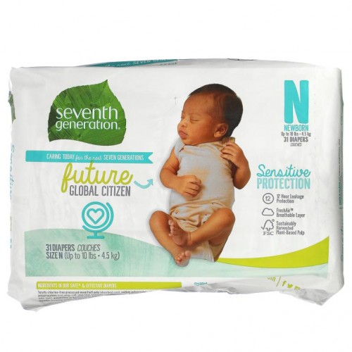 Seventh Generation, Sensitive Protection 기저귀, 사이즈 N, 최대 10lbs, 31개입