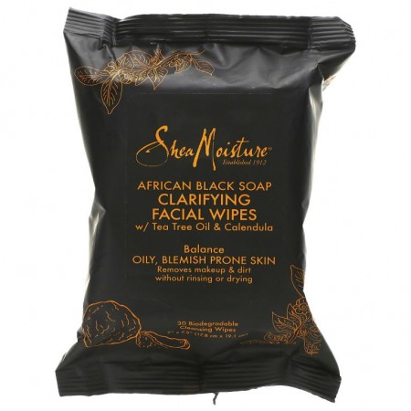 SheaMoisture, 아프리칸 블랙 비누, 클래리파잉 페이셜 물티슈, 30개입
