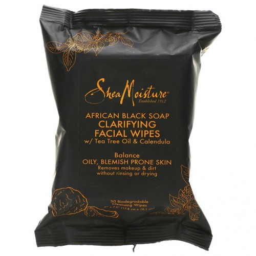 SheaMoisture, 아프리칸 블랙 비누, 클래리파잉 페이셜 물티슈, 30개입
