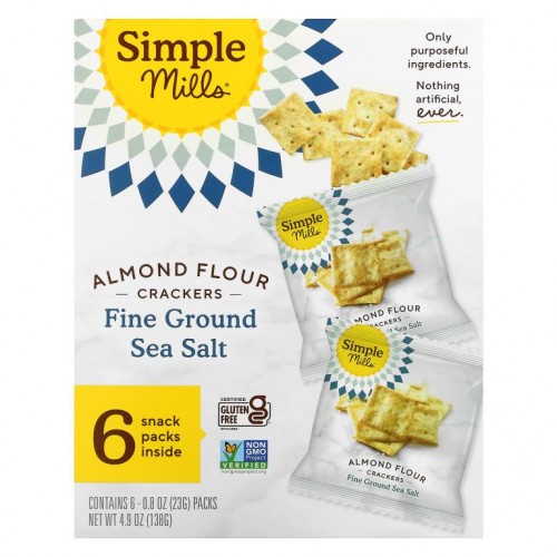 Simple Mills, 천연 글루텐 무함유, 아몬드 가루 크래커, 고운 바다 소금, 6팩, 각 23g(0.8oz)