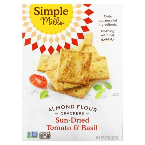 Simple Mills, 천연 글루텐 무함유, 아몬드 가루 크래커, 태양 건조 토마토 & 바질, 4.25 oz(120g)