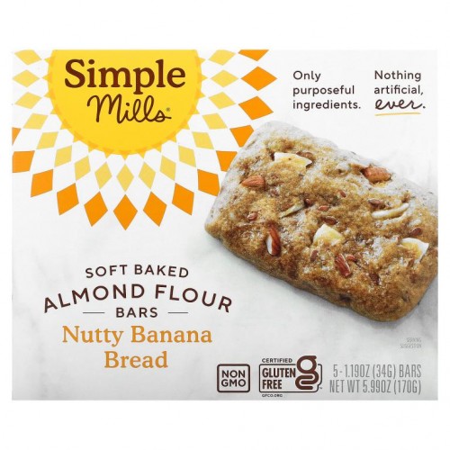 Simple Mills, Soft-Baked Almond Flour Bars, 너티 바나나 브레드, 바 5개, 각각 34g(1.19oz)