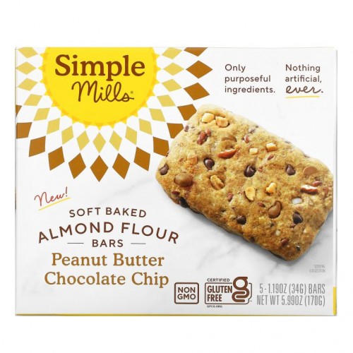 Simple Mills, Soft Baked Almond Flour Bars, Peanut Butter Chocolate Chip, 5 Bars, 1.19 oz (34 g) each