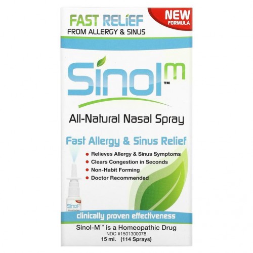 Sinol, SinolM, 100% 천연 성분 비강 스프레이, 빠른 알레르기 및 부비강 증상 완화, 15ml