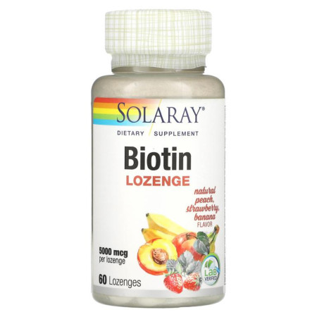 Solaray, 바이오틴, 천연 복숭아, 딸기, 바나나 향, 5,000mcg, 사탕 정제 60정