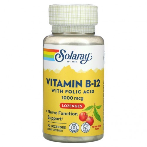 Solaray, 비타민 B-12, 1,000mcg, 체리 사탕 정제 90정
