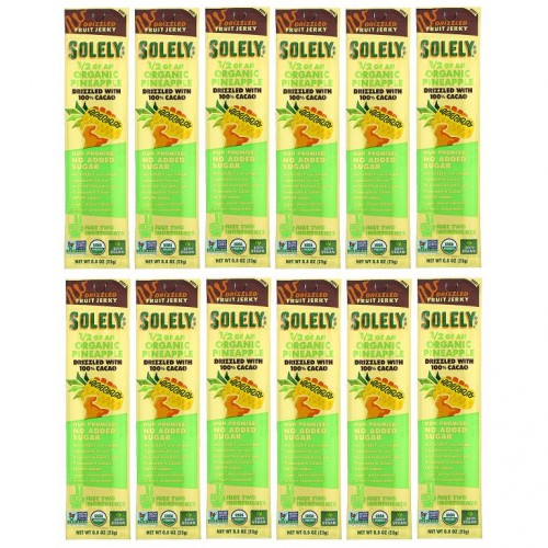 Solely, 유기농 과일 말랭이, 100% 카카오를 뿌린 파인애플, 12조각, 각 23g(0.8oz)