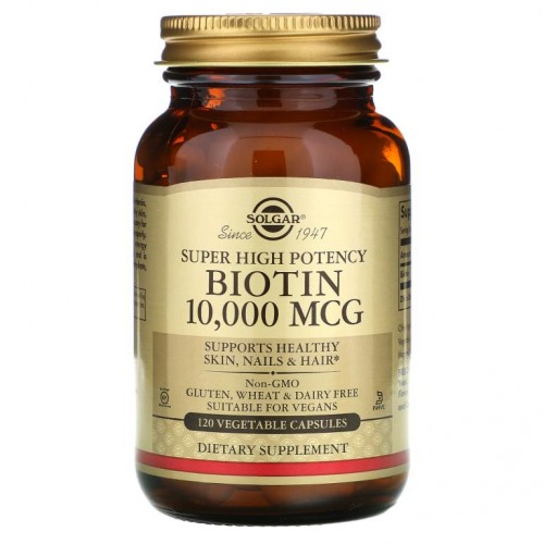 Solgar, 슈퍼 고효능 비오틴, 10,000mcg, 베지 캡슐 120정