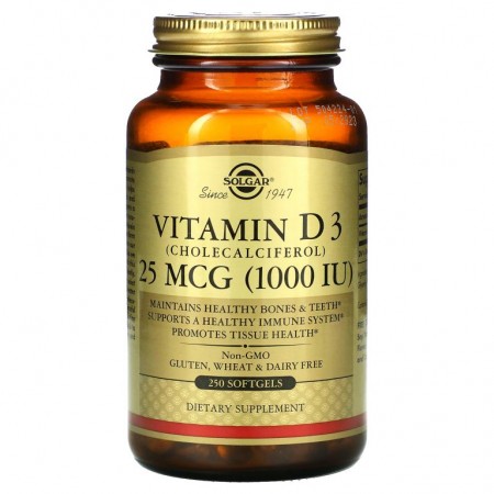 Solgar, 비타민D3(콜레칼시페롤), 25mcg(1,000IU), 소프트젤 250정