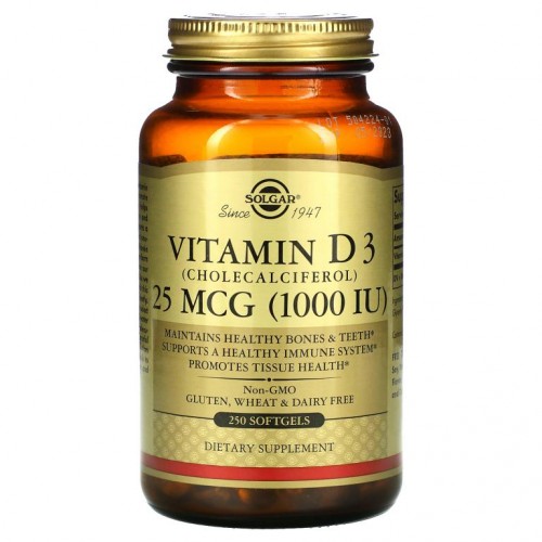 Solgar, 비타민D3(콜레칼시페롤), 25mcg(1,000IU), 소프트젤 250정