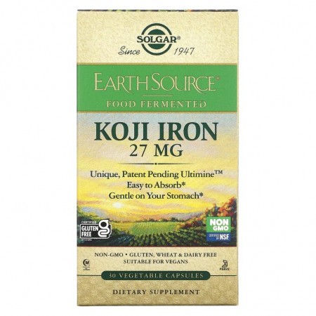 Solgar, EarthSource 발효 식품, 코지 아이언, 27mg, 베지 캡슐 30정