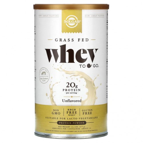 Solgar, Grass Fed, Whey To Go 프로틴 파우더, 무맛, 377g(13.2oz)