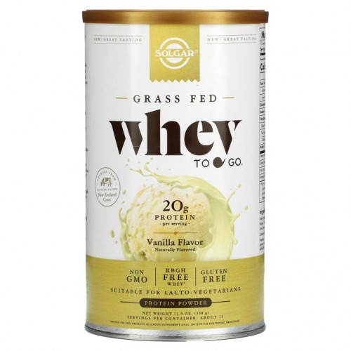 Solgar, Grass Fed Whey To Go, 프로틴 파우더, 바닐라, 338g(11.9oz)