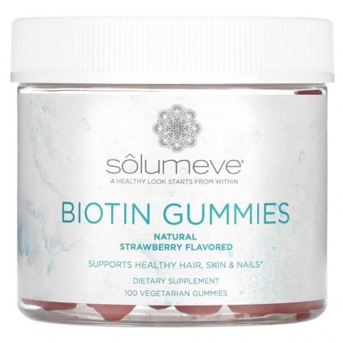 Solumeve, 비오틴 구미젤리, 젤라틴 무함유, 딸기맛, 5,000mcg, 식물성 구미젤리 100개