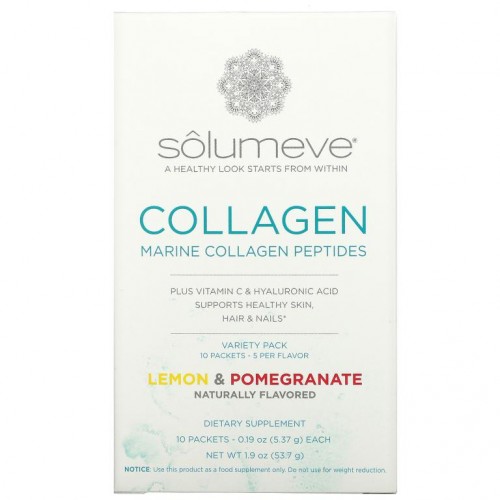 Solumeve, 콜라겐 펩타이드, 비타민C 및 히알루론산 함유, 레몬맛 및 석류맛 버라이어티 팩, 10팩, 각 5.37g(0.19oz)