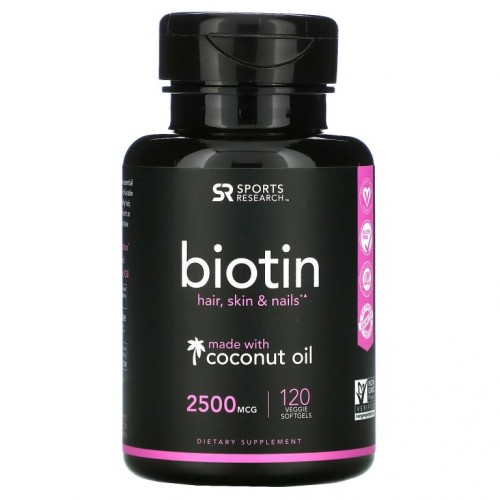 Sports Research, 비오틴, 코코넛오일 함유, 2,500mcg, 베지 소프트젤 120정