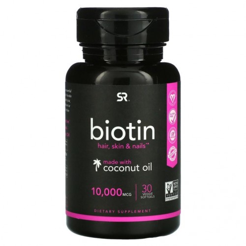 Sports Research, 코코넛오일 함유 비오틴, 10,000mcg, 베지 소프트젤 30정
