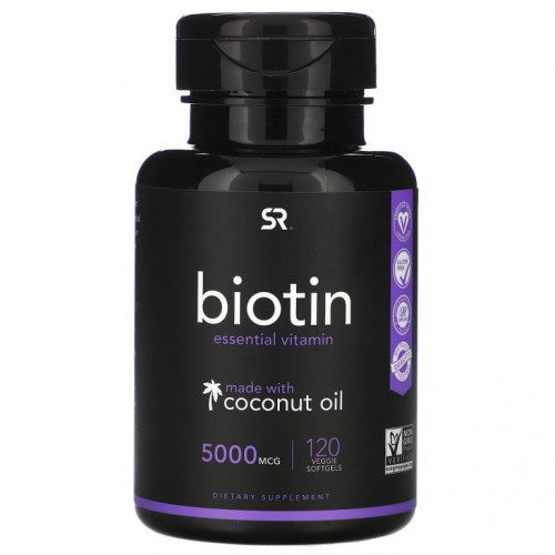 Sports Research, 코코넛 오일 함유 비오틴, 5,000mcg, 베지 소프트젤 120정