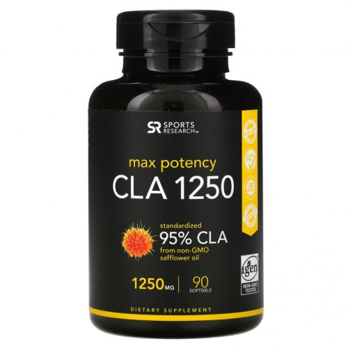 Sports Research, CLA 1250, 최대 효능, 1,250mg, 소프트젤 90정