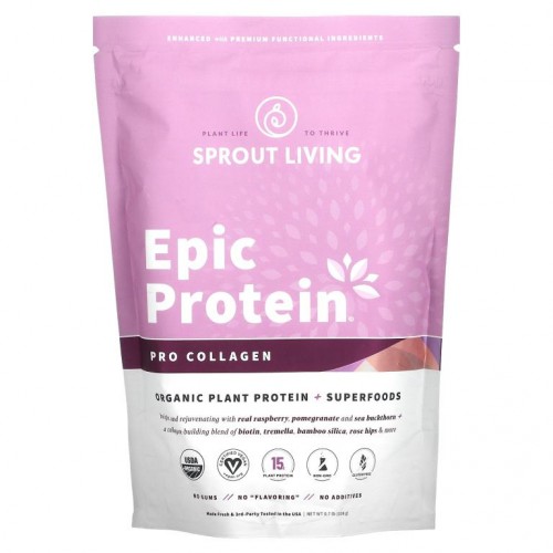 Sprout Living, Epic Protein, 유기농 식물성 단백질 및 슈퍼 푸드, 프로 콜라겐, 364g(0.8lb)