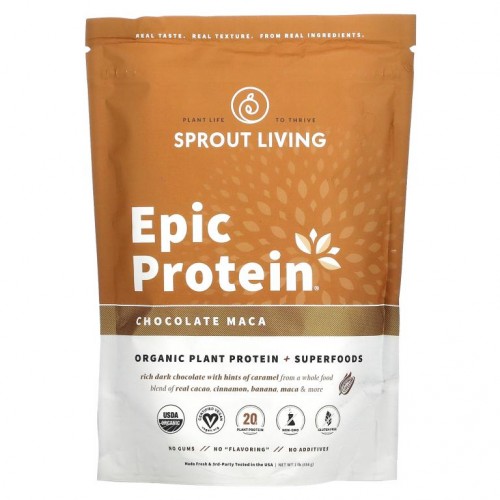 Sprout Living, Epic Protein, 유기농 식물성 단백질 + 슈퍼 푸드, 초콜릿 마카, 455g(1lb)