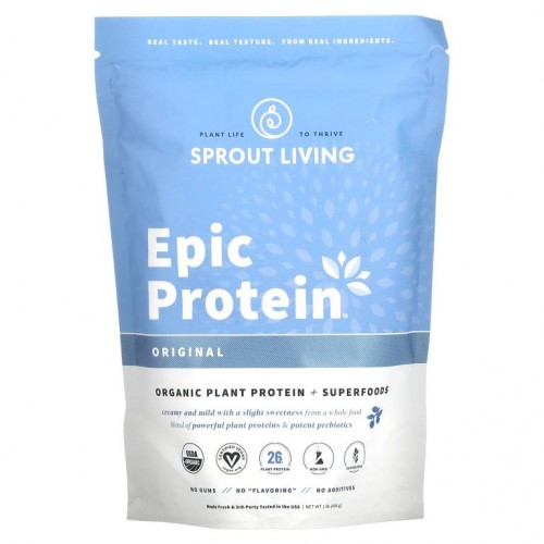 Sprout Living, Epic Protein, 유기농 식물성 단백질 + 슈퍼 푸드, 오리지널, 455g(1lb)