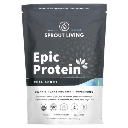 Sprout Living, Epic Protein, 유기농 식물성 단백질 및 슈퍼 푸드 함유, 리얼 스포츠, 494g(1.1lb)