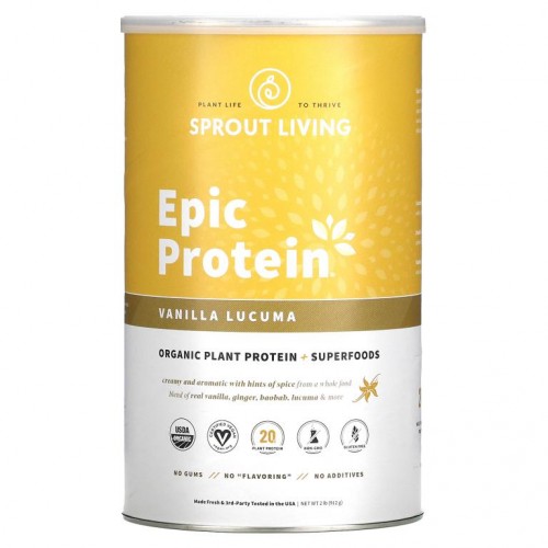 Sprout Living, Epic Protein, 유기농 식물성 단백질 + 수퍼푸드, 바닐라 루쿠마, 910g(2lb)