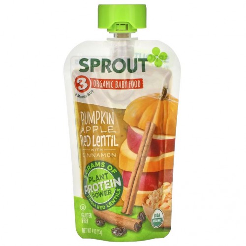 Sprout Organic, Baby Food, 8 Months & Up, Pumpkin, Apple, Red Lentil with Cinnamon, 4 oz (113 g)