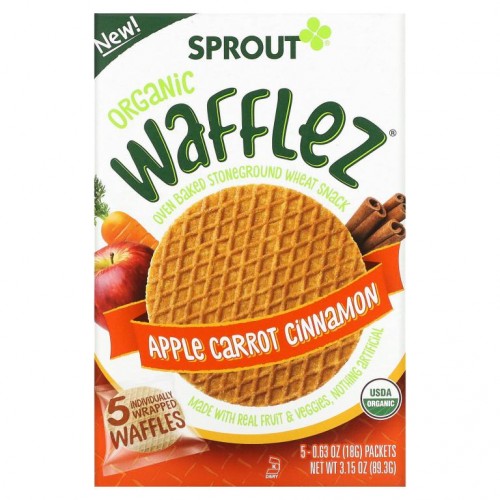 Sprout Organic, Wafflez, 사과 당근 시나몬, 5봉지, 18g(0.63oz)