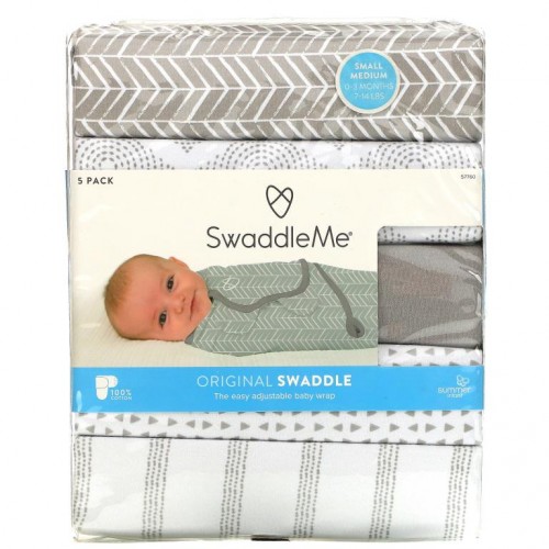 Summer Infant, SwaddleMe, 오리지널 포대기, 소형/중형, 만 0~3개월, 회색, 5팩