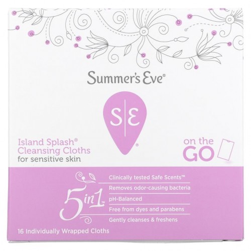 Summer's Eve, 5가지를 1개에 담은 클렌징 티슈, Island Splash, 16매 개별 포장 티슈