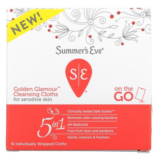 Summer's Eve, 5 In 1 Golden Glamour 클렌징 티슈, 휴대형, 개별 포장 천 16개