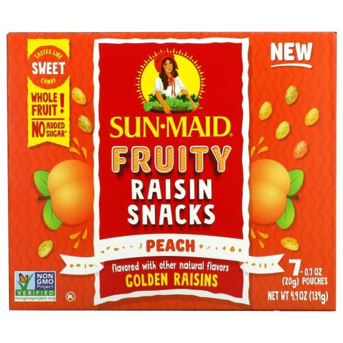 Sun-Maid, Fruity Raisin Snacks, Peach, 7 Pouches, 0.7 oz (20 g) Each