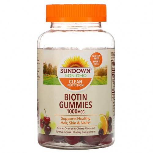 Sundown Naturals, 비오틴 구미젤리, 포도, 오렌지 & 체리 맛, 1,000mcg, 구미젤리 130개