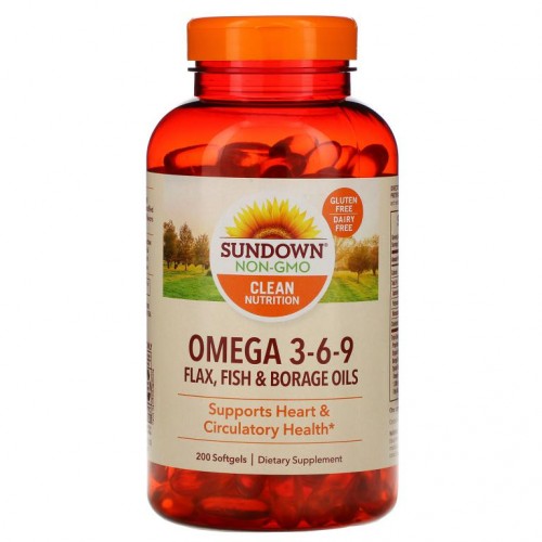 Sundown Naturals, 오메가 3-6-9 아마, 피쉬, 보리지 오일, 200 소프트젤