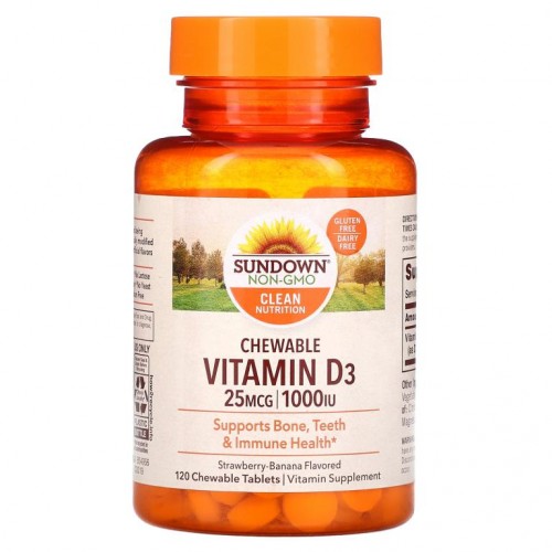 Sundown Naturals, 츄어블 비타민D3, 스트로베리-바나나 맛, 25mg(1,000IU), 120정