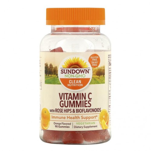 Sundown Naturals, 로즈힙 & 바이오플라보노이드를 함유한 비타민 C 구미, 오렌지 맛, 90 구미