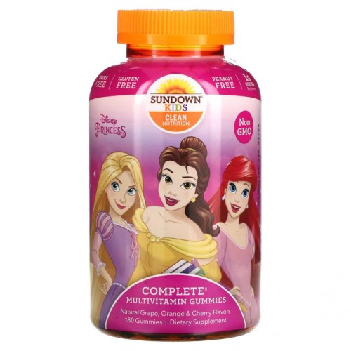 Sundown Naturals Kids, 컴플리트 종합비타민 구미젤리, 디즈니 공주 캐릭터, 천연 포도, 오렌지, 체리 맛, 구미젤리 180개