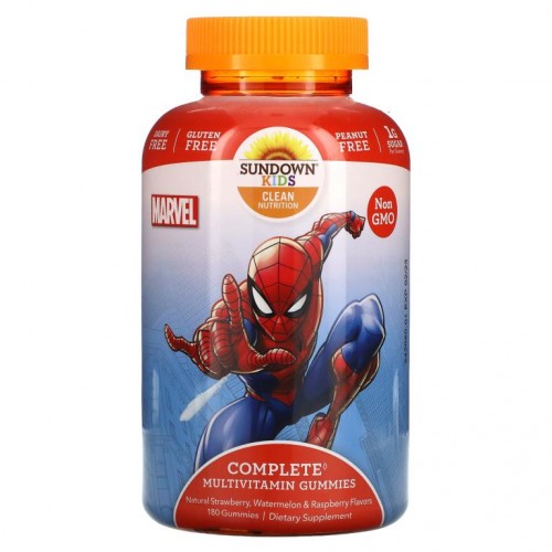 Sundown Naturals Kids, 완벽한 종합 비타민 구미젤리, 마블 스파이더맨, 천연 딸기, 수박 & 라즈베리 맛, 구미젤리 180 개